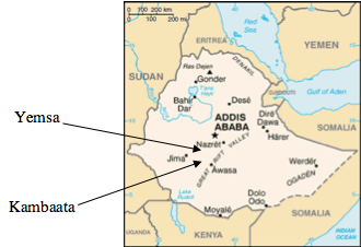 Map highlighting Yemsa and Kambaata