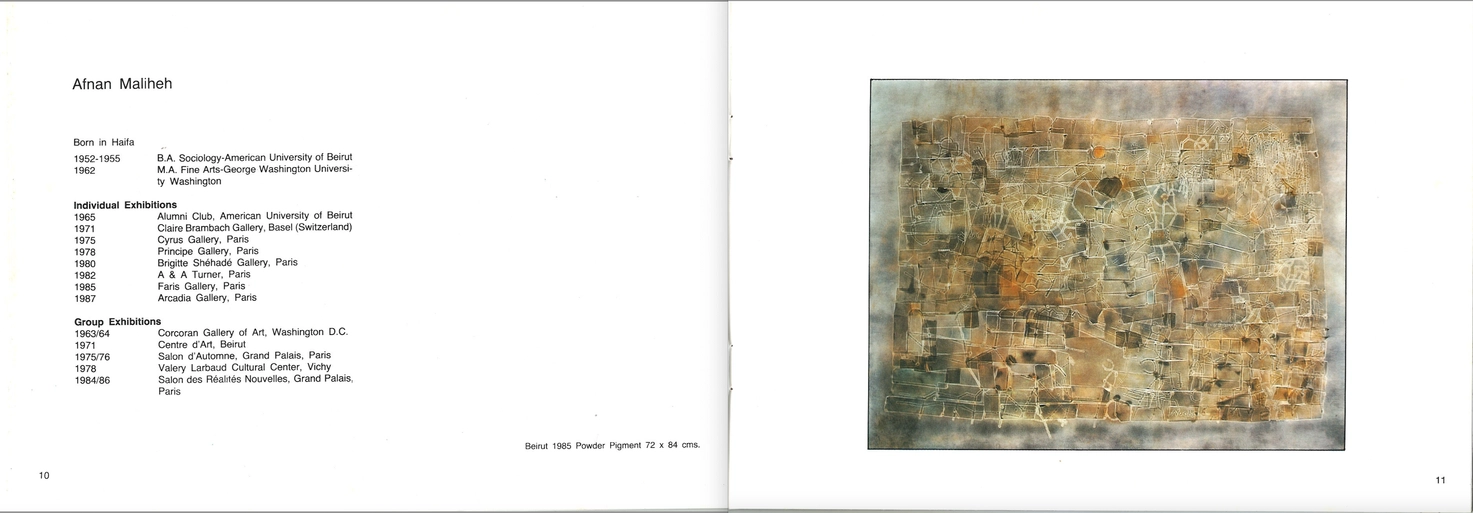 Catalogue entry on Maliheh Afnan, featuring her work <i>Beirut</i>. 1985. Powder pigment. 72 × 84 cm. In <i>Contemporary Lebanese Artists</i>, exhibition catalogue, London, Kufa Gallery, 15 January–24 February 1988 (London: Kufa Gallery, 1988), 10–11. Courtesy of Mohammad El Rawas © Kufa Gallery.