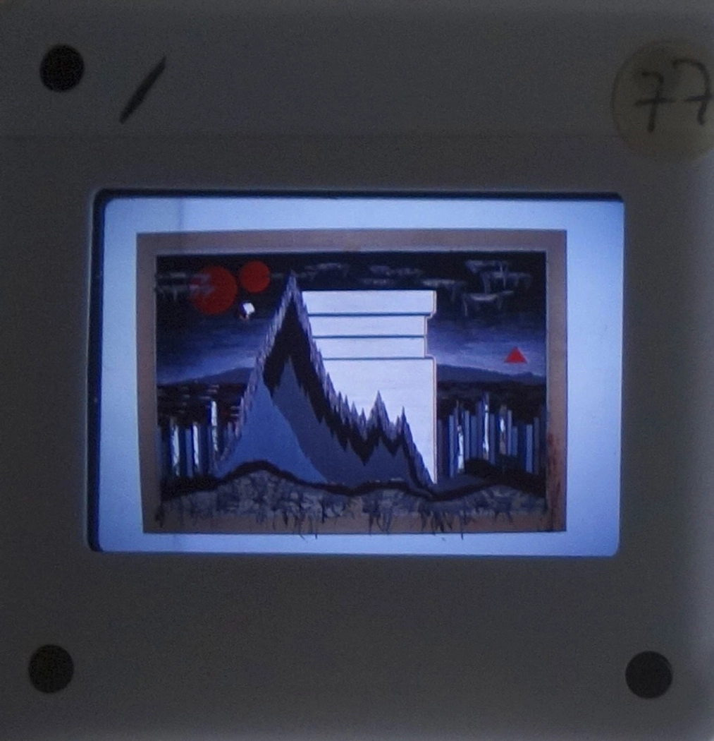 Moufarrège, Nicolas. <i>al Harb (un dimanche presque comme les autres, Sunday August 13, 1978)</i>. 1978. Needlepoint embroidery. 162 × 114 cm. Slide from the dossier of Nicolas Moufarrège, archives of the Fondation Toms Pauli. Location of the original artwork unknown. Photographer unknown, possibly the artist.