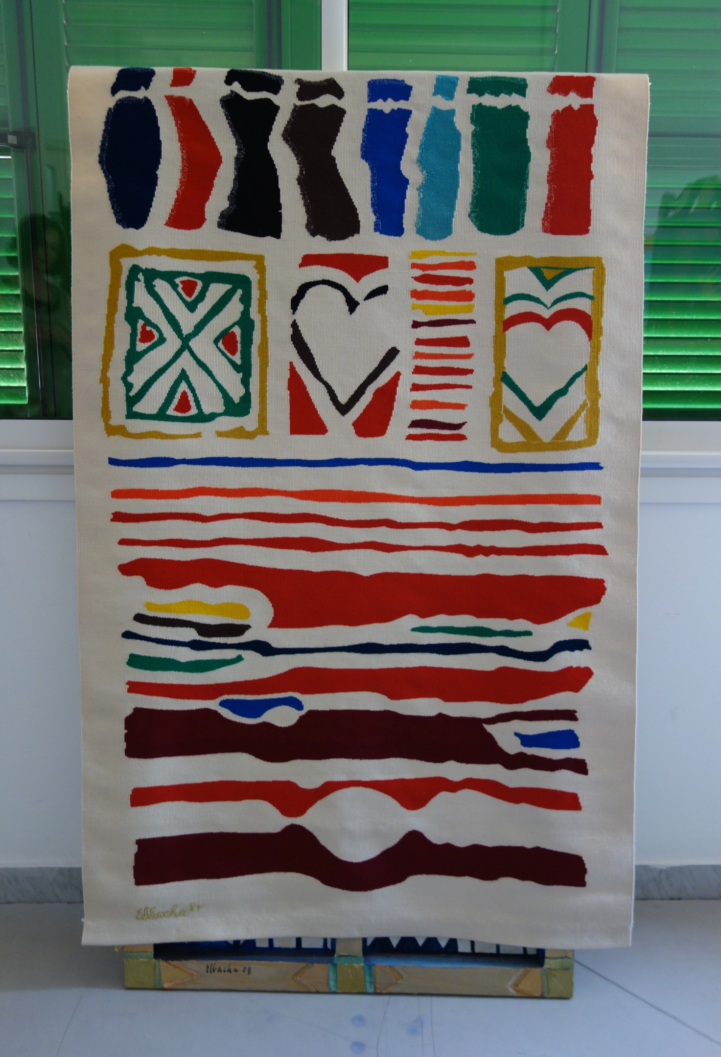 Untitled tapestry designed by Amine El Bacha and woven by Antoine Saadé. 1984. Wool and cotton fibre. Measurements unknown. Studio of Amine El Bacha, Beirut. Courtesy of the Amine El Bacha Foundation. Photographed by Jessica Gerschultz, 2022.