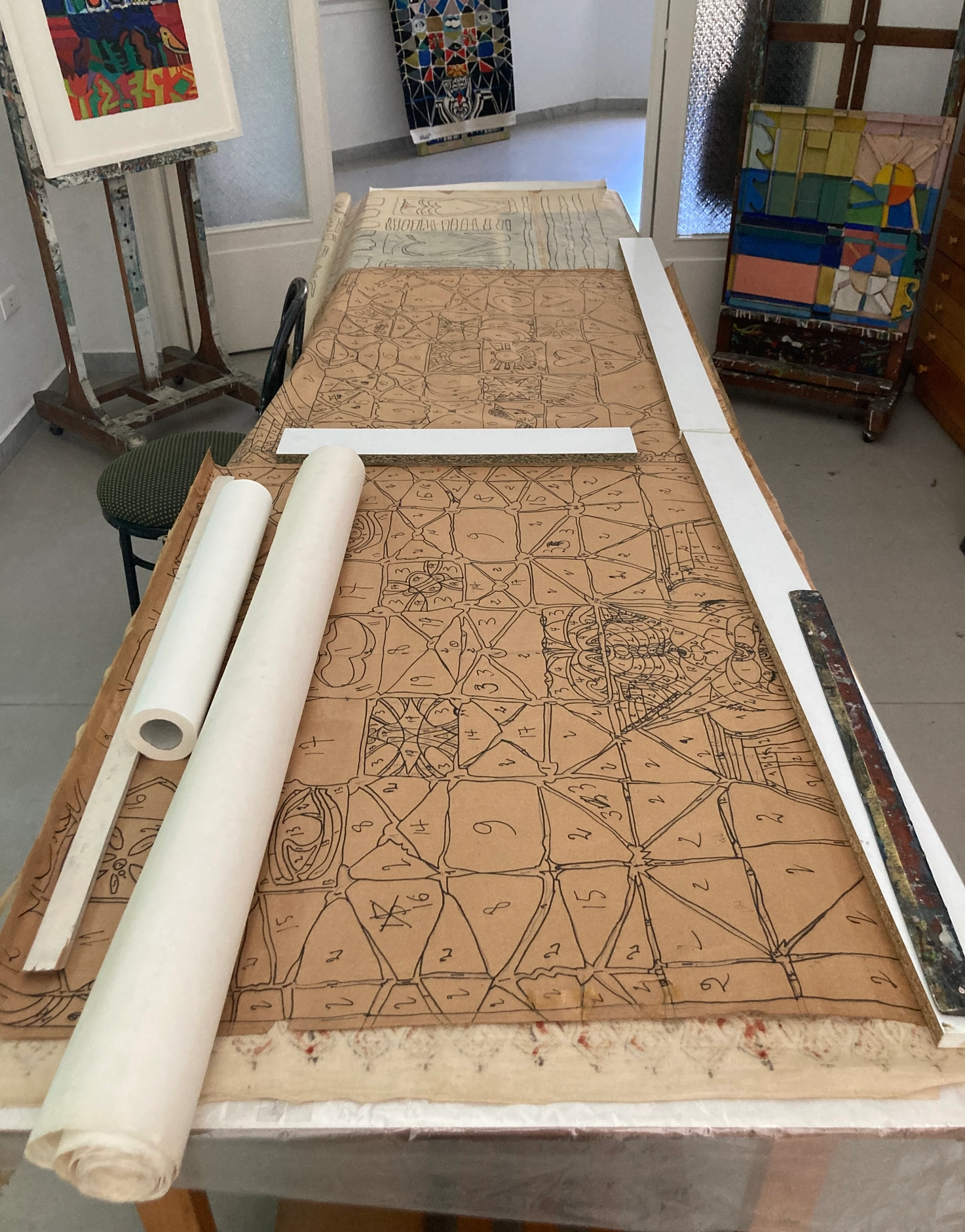 Tapestry cartoons made by Antoine Saadé and Amine El Bacha. Ca. 1984. Ink and pencil on paper. Measurements unknown. Studio of Amine El Bacha in Hamra. Courtesy of the Amine El Bacha Foundation. Photographed by Jessica Gerschultz, 2022.