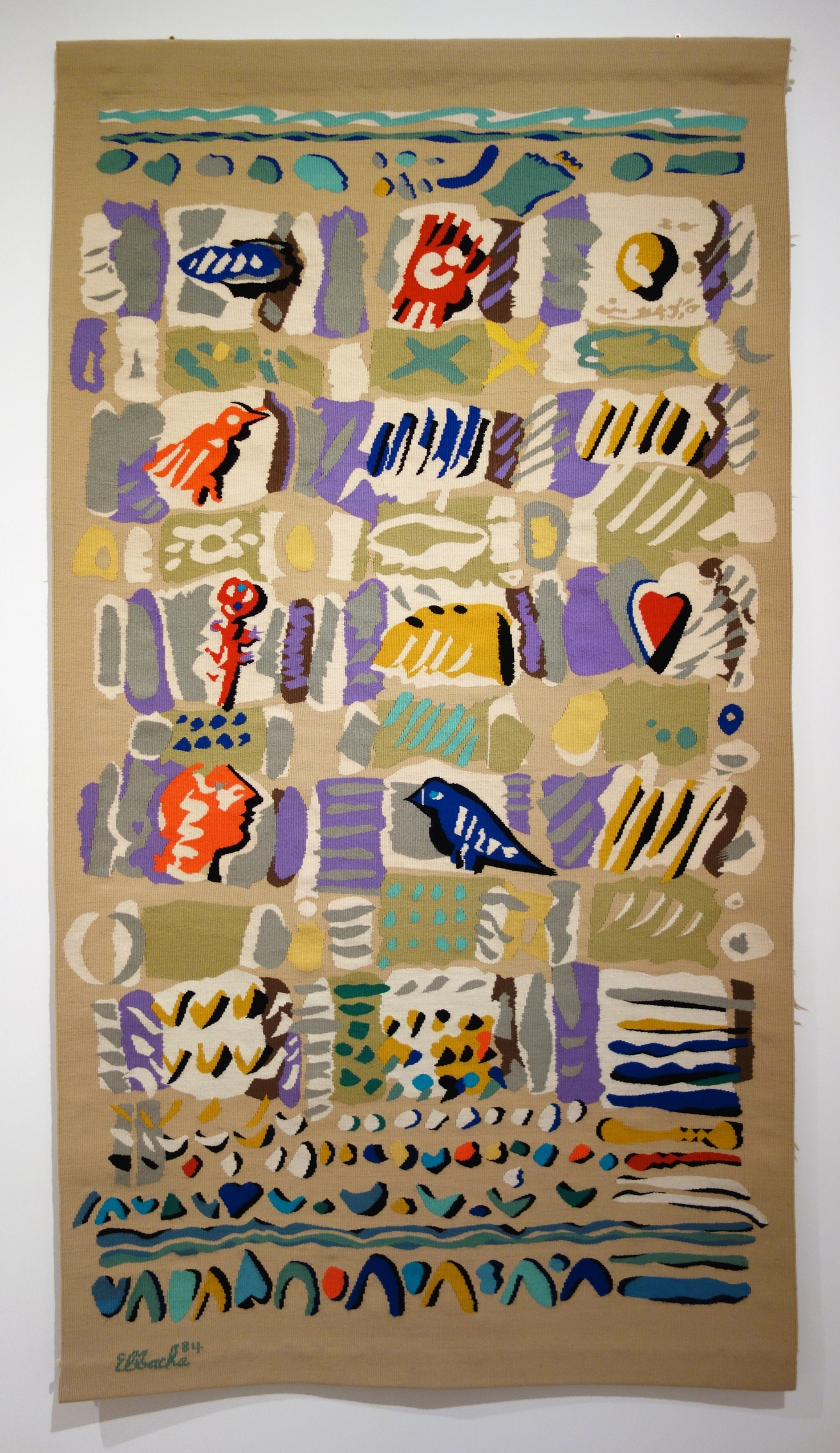 Untitled tapestry designed by Amine El Bacha and woven by Antoine Saadé. 1985. Wool and cotton fibre. Measurements unknown. Sursock Museum, Beirut. Courtesy of the Amine El Bacha Foundation. Photographed by Jessica Gerschultz, 2018.