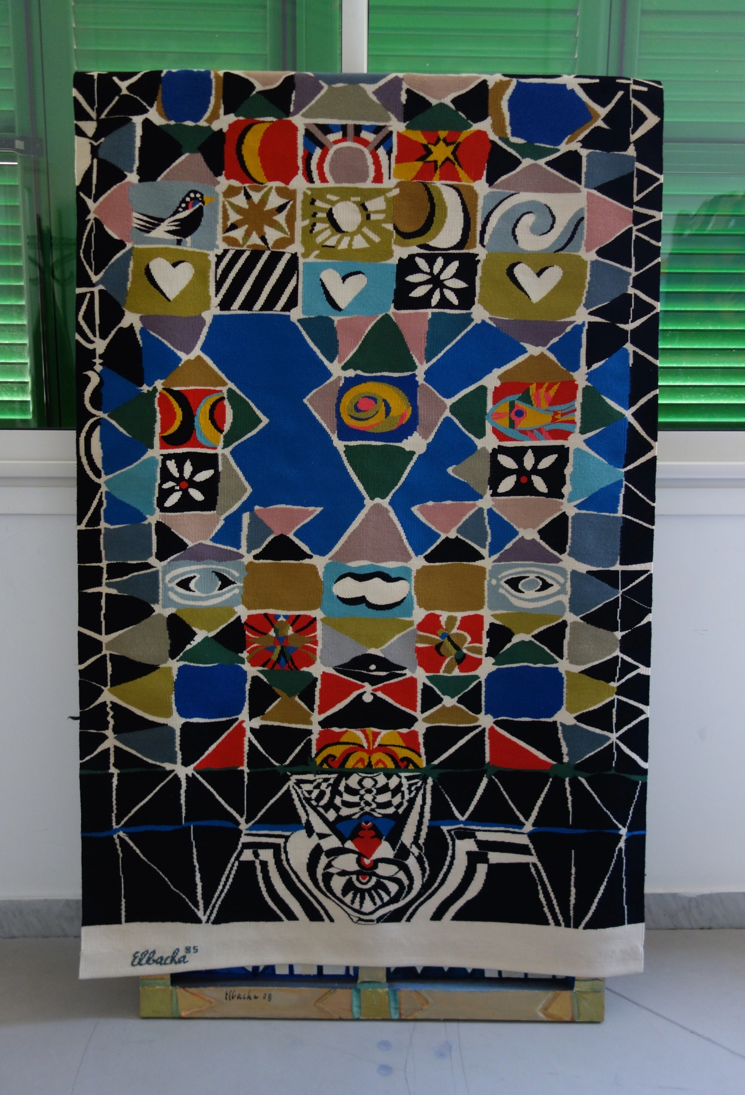 Untitled tapestry designed by Amine El Bacha and woven by Antoine Saadé. 1985. Wool and cotton fibre. Measurements unknown. Studio of Amine El Bacha, Beirut. Courtesy of the Amine El Bacha Foundation. Photographed by Jessica Gerschultz, 2022.