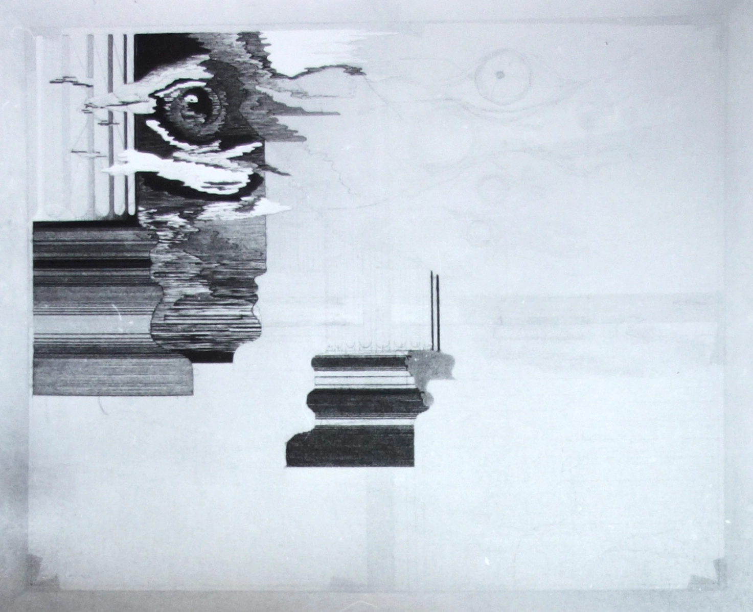 Moufarrège, Nicolas. <i>Phoenix</i> (in progress). Ca. 1978. Needlepoint embroidery in progress. Measurements unknown. Black and white photograph from the dossier of Nicolas Moufarrège, archives of the Fondation Toms Pauli. Photographer unknown, possibly the artist.