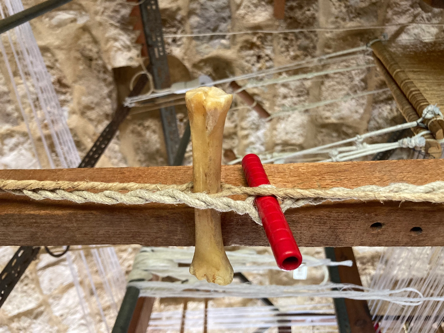 Loom of Antoine Saadé and Saada Hashem. Wood, bone, fibre, and metal. Zouk Mikael, Lebanon. Courtesy of Saada Hashem. Photographed by Jessica Gerschultz, 2022.